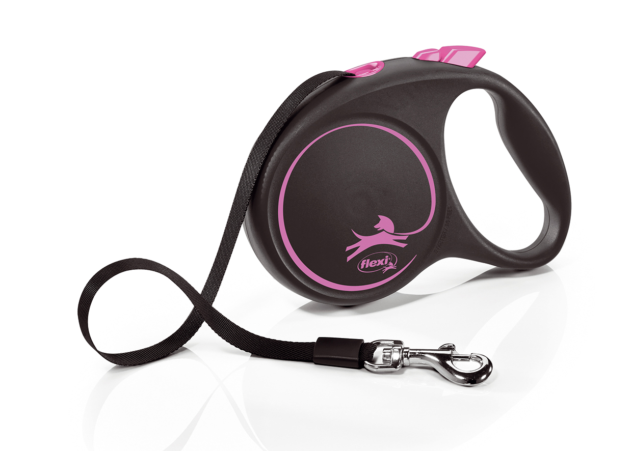FLEXI Black Design L 5 m ružová samonavíjacia vôdzka pre psy do 50 kg s páskou