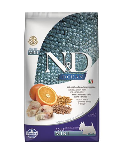 Farmina N&D dog OCEAN (AG) adult mini, codfish, spelt, oats & orange 2,5 kg