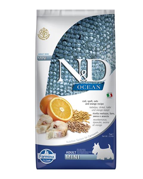 Farmina N&D dog OCEAN (AG) adult mini, codfish, spelt, oats & orange 7 kg